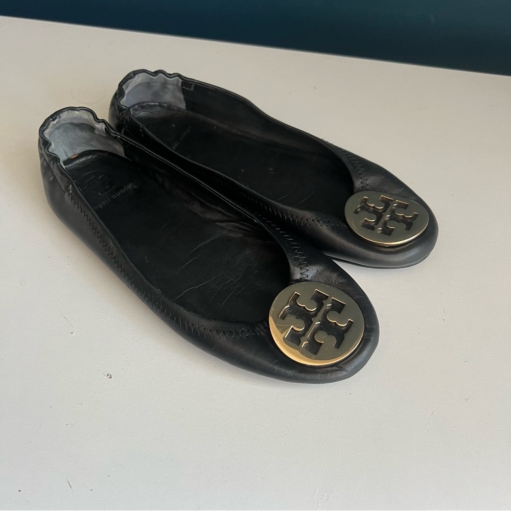 Tory Burch Black Leather Loafers with Gold Logo, Size 5.5